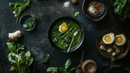 This image showcases a vibrant dish featuring fresh spinach and eggs, surrounded by herbs and ingredients on a rustic table, evoking healthy cooking.の素材