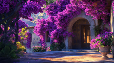 A stunning display of vibrant purple bougainvillea flowers surrounds a rustic stone house entrance, creating a picturesque scene filled with beauty and tranquility.の素材