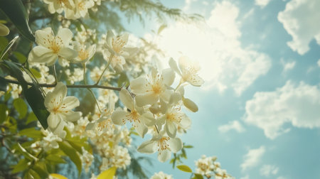 A captivating scene of bright spring blossoms under a clear blue sky. Fluffy clouds and gentle sunlight enhance the beauty of nature's vibrant colors and fresh atmosphere.の素材
