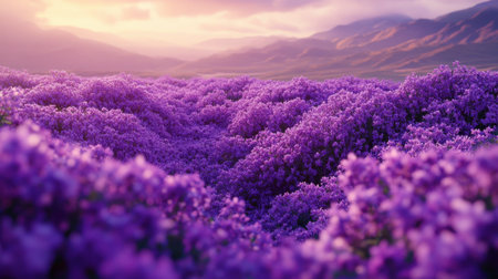 A captivating scene of a vast purple flower field bathed in golden sunset light, evoking feelings of peace and beauty. Perfect for nature enthusiasts.の素材