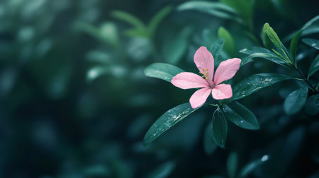 A beautiful close-up view of a delicate pink flower surrounded by lush green leaves, capturing a serene and tranquil moment in nature's embrace.の素材