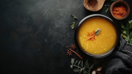 A delicious bowl of fresh soup garnished with herbs and spices, set against a dark background, perfect for showcasing vibrant and healthy food.の素材