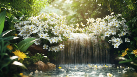 A picturesque scene featuring a serene waterfall flowing gently among beautiful white flowers, capturing the essence of tranquility in nature's lush greenery.の素材