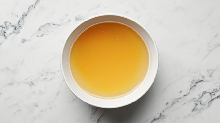 A vibrant bowl of golden broth resting on a sleek marble countertop. This image captures the essence of homemade nourishment, perfect for meal prep.の素材