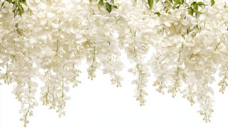 Stunning display of white blossoms cascading elegantly from vibrant green leaves, creating a serene and tranquil outdoor atmosphere ideal for nature lovers.の素材