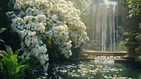 A tranquil garden scene featuring a cascading waterfall, vibrant flowers, and a peaceful pond. This serene setting invites relaxation and meditation.の素材