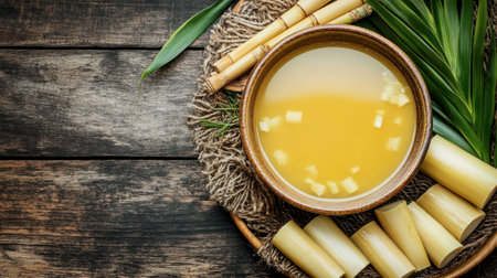 A traditional Asian soup featuring bamboo shoots served in a rustic bowl on a wooden table. The vibrant colors and natural elements create a warm, inviting atmosphere.の素材