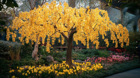 A breathtaking scene featuring a vibrant yellow tree surrounded by colorful flowers, showcasing the beauty of nature in a serene garden setting.の素材