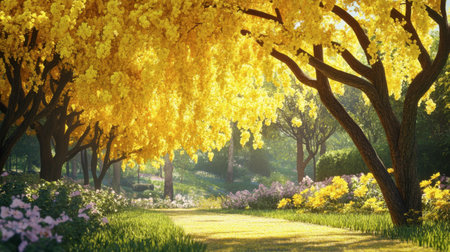 A tranquil pathway through a lush garden adorned with vibrant yellow trees and blooming flowers. Ideal for nature lovers seeking peaceful outdoor imagery.の素材