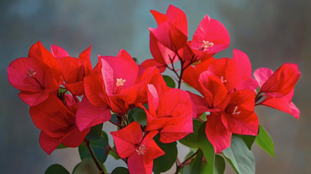 A captivating display of vibrant red bougainvillea blooms, showcasing striking petals and lush green leaves against a soft, blurred background. Perfect for nature lovers.の素材