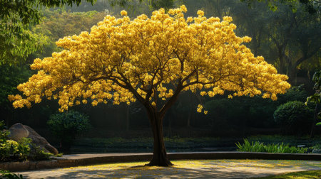 This stunning image features a vibrant yellow flowering tree, radiating beauty in a tranquil park setting. Sunlight filters through foliage, creating a serene atmosphere.の素材