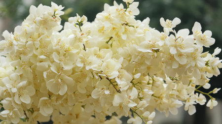 A stunning display of delicate white blossoms on a branch, surrounded by a soft green background. Perfect for themes of beauty and tranquility.の素材