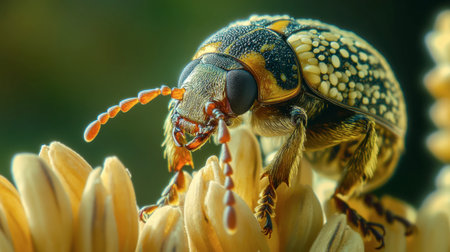 This stunning close-up showcases a colorful beetle feeding on flower petals, highlighting its intricate details and natural beauty in a vibrant garden setting.の素材