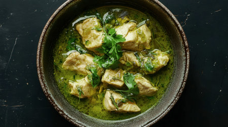 Tender chicken pieces bathed in a rich herbal sauce, showcasing vibrant colors and flavors, ideal for food lovers and culinary enthusiasts seeking inspiration.の素材