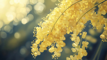Captivating close-up of vibrant yellow flowers set against a soft bokeh background. This image captures the beauty and elegance of nature in springtime.の素材