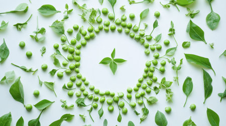 A visually striking composition featuring green herbs and fresh peas arranged in a circular pattern on a white background, perfect for culinary and wellness themes.の素材