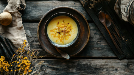 A delicious creamy soup infused with spices served in a rustic wooden bowl, ideal for cozy meals. Perfect for showcasing culinary creativity and comfort.の素材