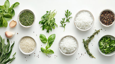 Discover a vibrant arrangement of fresh herbs, spices, and rice, perfect for culinary inspiration. Ideal for promoting healthy cooking and meal preparation.の素材
