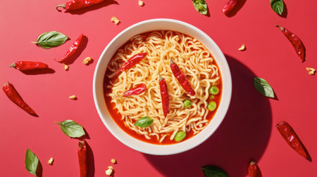 A vibrant bowl of spicy noodles garnished with red chilies and basil sits against a bold red background, showcasing a delectable and inviting meal option.の素材