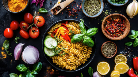 A colorful arrangement of fresh ingredients ideal for cooking pasta, featuring vibrant vegetables, aromatic herbs, and inviting spices, making cooking a joyful experience.の素材