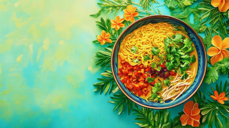 A vibrant bowl of noodles beautifully arranged with fresh ingredients, surrounded by decorative elements, showcasing the art of culinary presentation and creativity.の素材