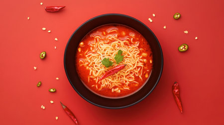 A vibrant bowl of spicy red noodle soup garnished with fresh herbs and chili. This appetizing dish showcases bold flavors and colorful presentation.の素材