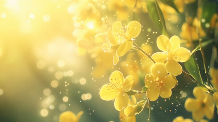 A stunning image capturing vibrant yellow flowers in sunlight, creating a soft bokeh effect. Perfect for themes of nature, beauty, and growth, this photo radiates warmth.の素材