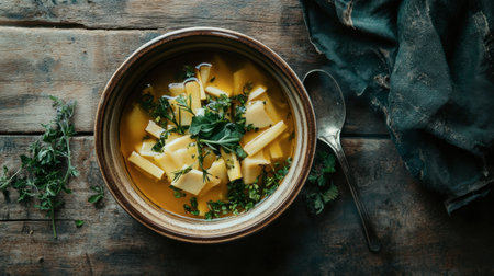 A cozy bowl of fresh vegetable soup garnished with herbs, set against a rustic wooden table. This image evokes warmth, comfort, and healthy eating, perfect for culinary themes.の素材