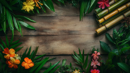 A vibrant tropical nature background featuring green leaves and colorful flowers alongside bamboo on a rustic wooden surface, perfect for fresh and lively designs.の素材