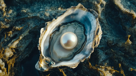 A stunning close-up of a pearl nestled inside an open oyster shell on a sandy beach. This image captures nature's beauty and treasure found along the shoreline.の素材