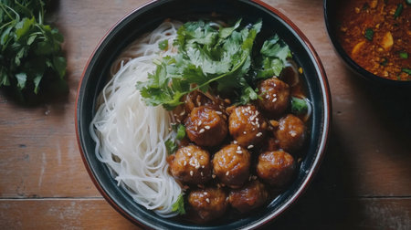 A tantalizing Asian noodle bowl showcasing succulent meatballs, fresh herbs, and soft noodles served in a rich broth, perfect for any meal.の素材