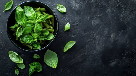 A stunning arrangement of fresh basil leaves in a sleek black bowl, highlighting vibrant greens against a textured dark stone surface, perfect for culinary images.の素材