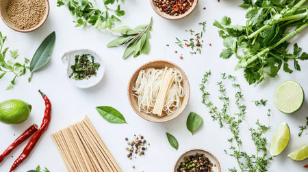 A visually appealing arrangement of fresh herbs, spices, and noodles on a white surface. Perfect for culinary inspiration and food presentation ideas.の素材