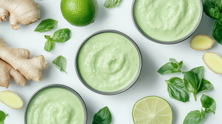 Colorful green smoothie bowls featuring ginger, basil, and lime, perfect for a healthy snack or breakfast. A vibrant display of natural ingredients offers freshness and nourishment.の素材