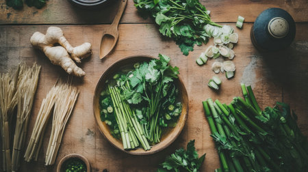 A beautiful arrangement of fresh herbs and vegetables on a rustic wooden table, perfect for showcasing culinary ingredients and healthy cooking inspiration.の素材