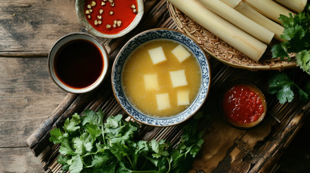 A top view of a bowl of traditional soup surrounded by fresh herbs and various condiments. Perfect for showcasing culinary ingredients and flavors.の素材