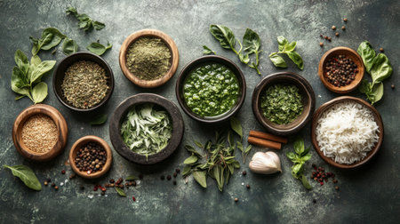 Beautiful arrangement of fresh herbs and spices on a rustic table. Ingredients include basil, parsley, garlic, and rice, highlighting flavors in cooking.の素材