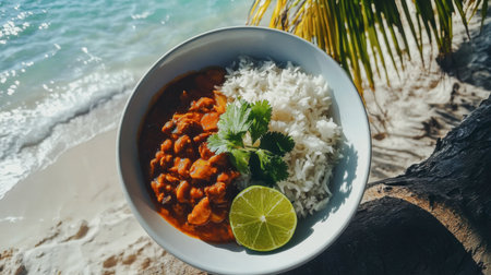 Enjoy a delicious bowl of beans and rice, garnished with lime and cilantro, set against a stunning tropical beach backdrop, perfect for food lovers.の素材