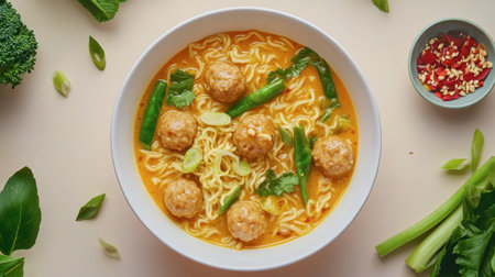 Enjoy a vibrant bowl of noodle soup featuring delectable meatballs, fresh vegetables, and aromatic herbs, perfect for a cozy meal or gathering.の素材
