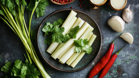 A vibrant composition featuring fresh celery, herbs, and spices, perfect for enhancing healthy meals. Ideal for food enthusiasts and culinary projects.の素材