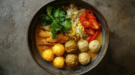 A vibrant bowl of Asian soup featuring meatballs, fresh herbs, and colorful vegetables. Ideal for food photography, culinary showcases, and recipe inspiration.の素材