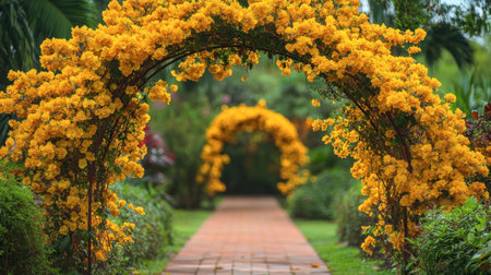 A picturesque view of vibrant yellow flower archways lining a serene garden pathway, inviting visitors to explore the beauty of nature in full bloom.の素材