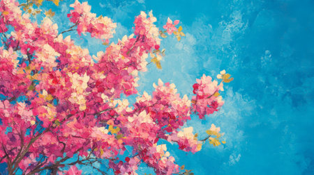 A stunning view of vibrant pink flowers blooming against a brilliant blue sky, capturing the essence of spring and nature's beauty in a serene landscape.の素材