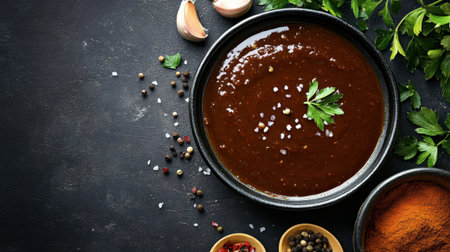 This image showcases a rich dark sauce surrounded by spices and fresh herbs. Perfect for culinary inspiration, it highlights vibrant textures and colors ideal for food preparation.の素材