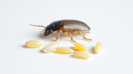 A detailed close-up image showcasing an insect beside several rice grains on a light background, ideal for studies in entomology and agriculture.の素材