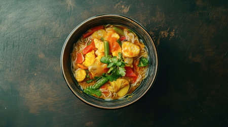 A vibrant bowl of vegetable and chicken noodles featuring fresh herbs, perfect for a nutritious meal. This dish showcases colorful ingredients and appealing presentation.の素材