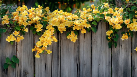 A stunning display of bright yellow flowers drapes gracefully over a rustic wooden fence, creating a harmonious blend of nature and rustic charm in a serene garden setting.の素材