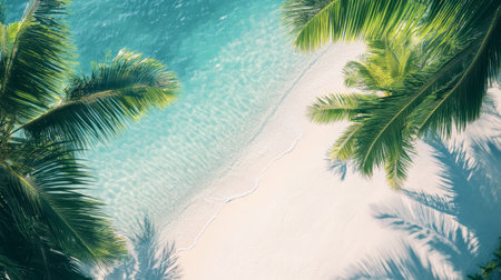 Experience the beauty of a serene tropical beach with clear water and lush palm leaves. A perfect escape for relaxation and tranquil vibes.の素材