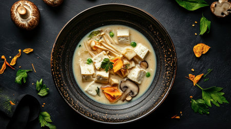 A beautifully arranged tofu soup featuring an array of fresh vegetables and fragrant herbs, perfect for showcasing culinary artistry and flavor.の素材