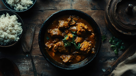 A mouthwatering chicken curry presentation featuring tender pieces in aromatic sauce, served with white rice. Ideal for food lovers and culinary enthusiasts.の素材